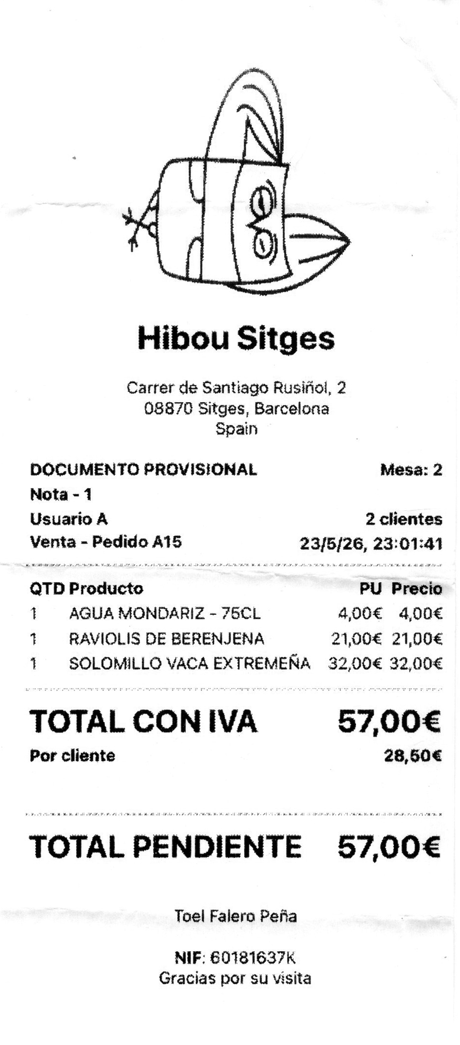 Ticket del restaurante Hibou Sitges